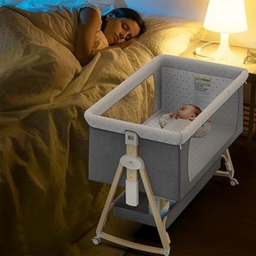 3 in 1 Baby Bassinet, Bedside Bassinet with Mosquito Net, Rocking Bassinet with Waterproof Mattress Cover, Adjustable Height, Silent Wheels with Lock, Bassinet for Baby Newborn Infant