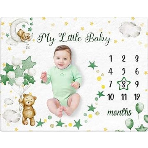 Sleeping Bear Monthly Baby Milestone Blanket Bear Star Balloon Flannel Blanket Boy Newborn Infant Swaddle Blanket Growth Chart Baby Blanket with Frame for Boys Girls Nursery (Green)