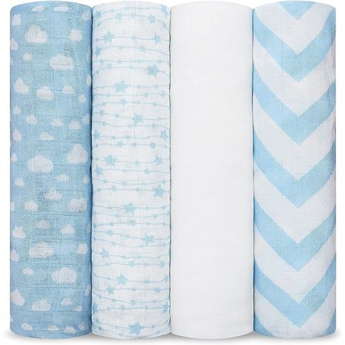 Comfy Cubs Muslin Swaddle Blankets Neutral Receiving Blanket Swaddling, Wrap for Boys and Girls, Baby Essentials, Registry & Gift (Blue) - Pack of 4