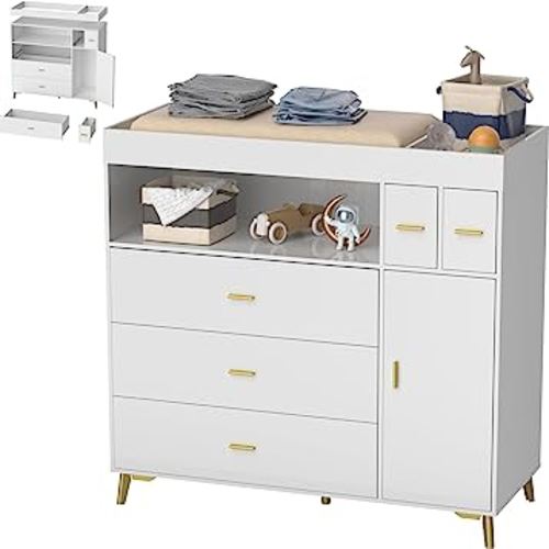 PAKASEPT Changing Table with Drawers, White Drawer Dresser, Changing Table Dresser with 5 Drawer & Cabinet
