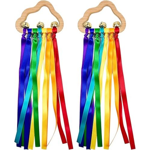 2pcs Baby Natural Wood Bracelet with Bell Rainbow Ribbon Sensory Toy- The Best Sensory Toys for Audiovisual and Motor Development, Encourages Parent-Child Interaction, for Babies Aged 3-24 Months