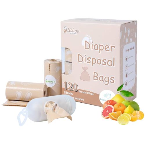 Diaper Bags Disposable for Baby, Biodegradeable Dirty Diaper Bags (8 Refill Rolls/120 Bags) with Dispenser, Leak Proof Diaper Trash Bags, Baby Poop Bags, Tropical Fruit Scent