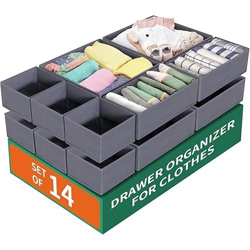 14 Pack Drawer Organizer for Clothes Dresser Organizer for Nursery-Perfect Baby Cloth Organizer and Storage General Nursery Organization or Dresser Drawer Organizer Bins Foldable Washable Grey