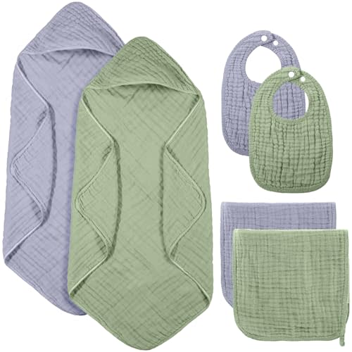 Hahafelt 6 Pcs Muslin Hooded Bath Towels Washcloths and Bibs Set, Muslin Cotton Baby Towels Absorbent Hooded Blanket Towel Infant Bibs for Boys Girls Newborn Infant Essential(Light Blue, Light Green)