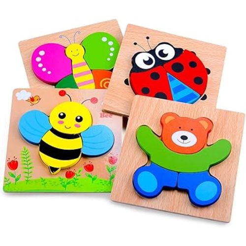 Magifire Wooden Puzzles, Set of 4 Montessori Toys for 1 Year Old, Toy for Toddlers 1-3, Baby Wood Toys with Chunky Pieces with Bag - Butterfly, Bee, Ladybug, Bear