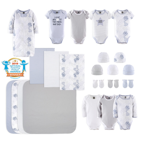 The Peanutshell Newborn Baby Layette Gift Set for Baby Boys or Girls, Shower Gift Essentials, Blue, Grey Celestial
