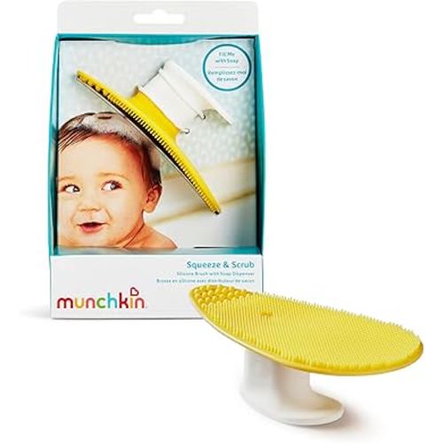Munchkin Squeeze & Scrub Silicone Brush with Soap Dispenser - Soft & Soothing Bristle Baby Bath Brush & Massager with Tapered Tip, Great for Neck Folds, Cradle Cap & Hard-to-Reach Spots