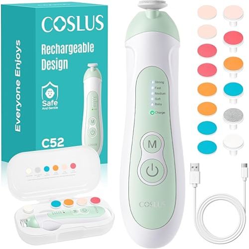 COSLUS Rechargeable Baby Nail File: Cordless Baby Nail Trimmer Electric with 5 Speeds & 6 Grinding Heads for Baby Kid, CPC Certified and Quiet Design - Safe for Sleep Trim Buffer, C52, Green