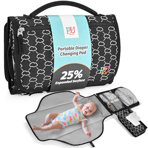 PZU Portable Changing Pad for Baby - Foldable Travel Diaper Mat with Wipes Pocket - Compact Portable Station for Diaper Bag,Car Seat, or Stroller - On-The-Go Baby Changing Essential（Black）
