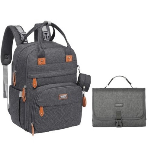 BabbleRoo Diaper Bag Backpack Stylish 26L Hands Free Baby Bag with Changing Pad,Stroller Straps & Water-Resistant, Dark Gray, Bundle With Changing Pad