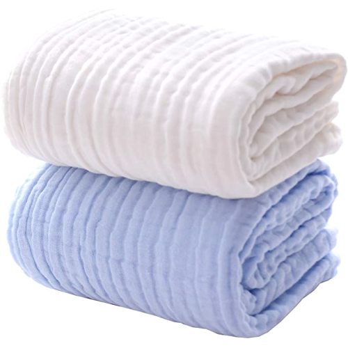 MUKIN Baby Bath Towels, Super Soft Cotton Receiving Blanket for Baby's Delicate Skin,2Pack Swaddle Blanket for Newborns Toddlers Boy Girl,Baby Registry as Shower (White+Blue)