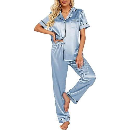 Ekouaer 2 Piece Satin Short Sleeve Pajamas Set Button Down Sleepwear