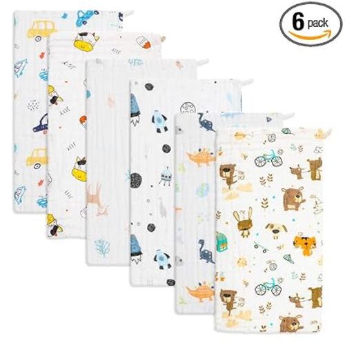 norinori Baby Burp Cloths Muslin Washcloths 6Pack - Muslin Burp Cloths Hanky Large 20''x10'' Extra Soft Absorbent Baby Burp Rags for Newborn 100% Cotton for Boys Girls Gift 6 Layers Machine Washable
