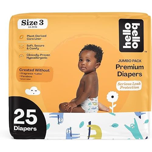 Hello Bello Premium Baby Diapers Size 3, 25 Count of Disposable, Extra-Absorbent, Hypoallergenic Baby Diapers with Snug and Comfort Fit, Sleepy Sloth