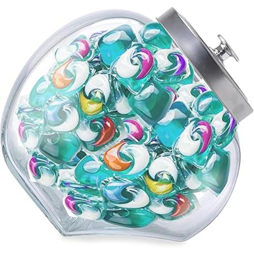 Skywin Glass Laundry Pod Container Jar with Lid - Laundry Pod Storage Container for Laundry Room Organization Laundry & Dishwasher Pod Laundry Container (Clear) (Angled Jar With Lid)