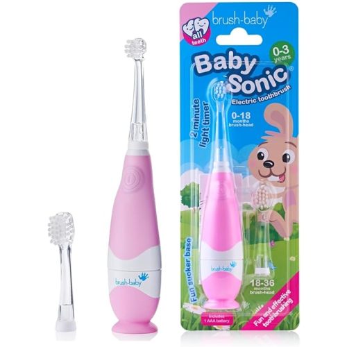 brush-baby BabySonic Infant and Toddler Electric Toothbrush for Ages 0-3 Years - Smart LED Timer and Gentle Vibration Provide a Fun Brushing Experience - Includes 2 Sensitive Brush Heads (Pink)