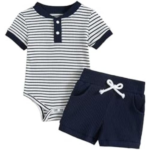 Baby Boy Outfits Ribbed Short Sleeve Striped Romper Top Solid Shorts with Pocket Baby Boy Summer Clothes 0-18M