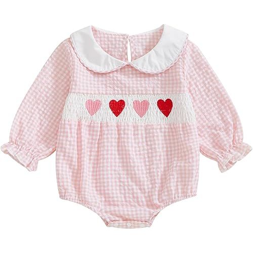Amiblvowa Baby Girl Valentines Day Outfit Embroidery Love Heart Smocked Bubble Romper Bodysuit Cute Infant Newborn Clothes