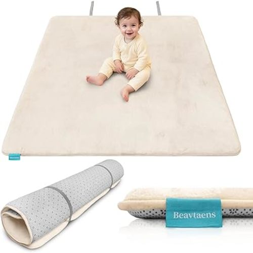 Ultra Thick Flannel Baby Play Mat for Floor, 50x50 Foam Playpen Mat with Elastic Band, Muscle Mat and Tummy Time Mats, Non-Slip, Soft and Comfortable, Easy to Care, Ideal for Crawling Infants, Toddlers and Babies, Perfect Kids Rug for Bedroom(Beige)