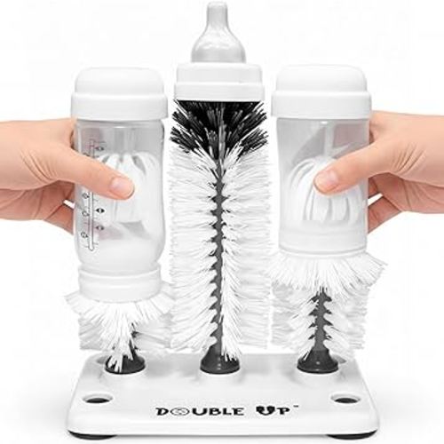 Double Baby Bottle Cleaning Brush Set with Suction Base - Cleans Two Bottles at Once - Includes Nipple Cleaner Brush - High Density Bristles, Dishwasher Safe - Baby Gift & Newborn Essential