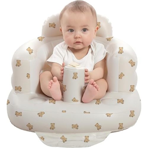 Inflatable Baby Seat for Babies 3-36 Months, Built in Air Pump Baby Chair Sit Me up Floor Seat for Baby, Bumbo Seat for Learning to Sit, Feeding, Camping (Bear Cub)