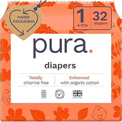 Pura Hypoallergenic Diapers, Size 1 (4-11 lbs), Newborn, Totally Chlorine Free, Wetness Indicator, Suitable for Sensitive Skin, Soft Organic Cotton Comfort, Overnight, 1 Pack of 32 Baby Diapers