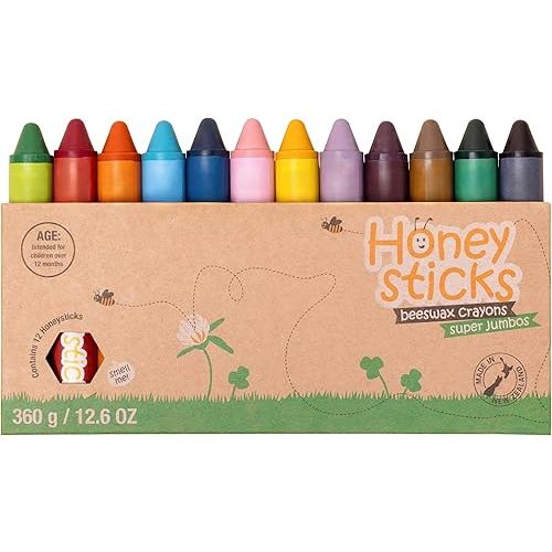 Honeysticks Super Jumbo Crayons (12 Pack) - Non Toxic Crayons for Kids - 100% Pure Beeswax and Food Grade Colors - For Toddlers 1-3, Unbreakable, Extra Large, Easy to Hold and Use, Eco-Friendly