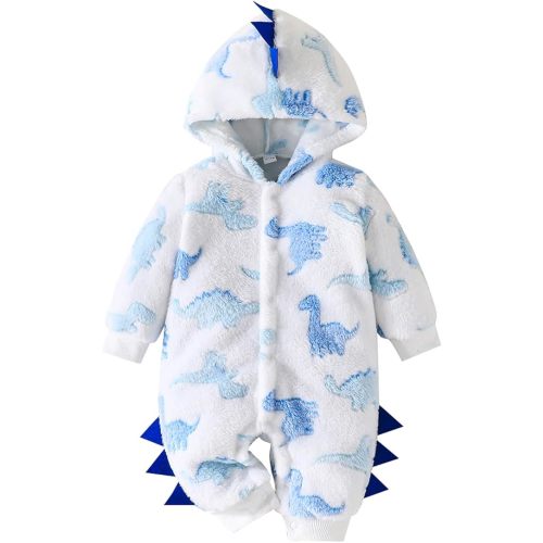 Baby Boys Dinosaur Outfit Fleece Bodysuit Infant One Piece Hooded Button Romper Outerwear Jumpsuit Toddler Jackets (White, 0-3 Months)