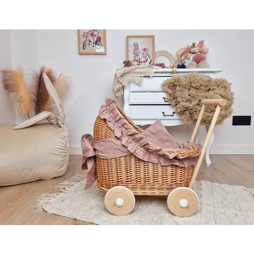 Wiklibox wicker & beech wood doll's pram in NATURAL color with bedding nad ribbon DUSTY PINK. Unpainted