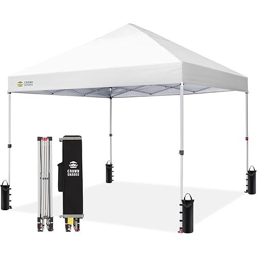 CROWN SHADES 8x8 Pop Up Canopy - Beach Tent with One Push Setup - Easy Outdoor Sun Shade for Events, Parties, Camping - Gazebo with STO-N-Go Cover Bag, Silver Coated Top, White
