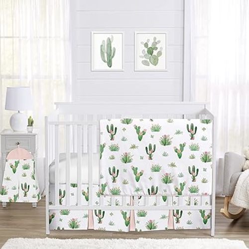 Sweet Jojo Designs Pink and Green Boho Watercolor Cactus Floral Baby Girl Crib Bedding Set 4 pieces