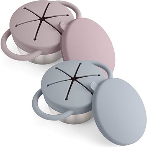 2-Pack Stainless Steel Snack Containers for Kids with Spill-Proof Silicone Lids & Handles - 3-in-1 Baby Snack Cups, No-Spill Toddler Snack Box, Perfect for On-the-Go Healthy Eating(Grey+Grey Purple)