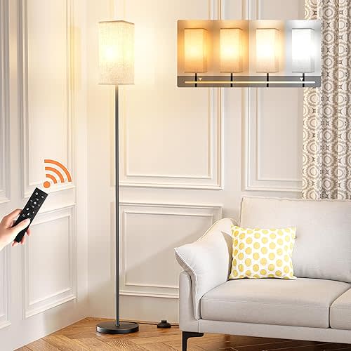 Ambimall Floor Lamps for Living Room - Remote Control, 9W Stepless Dimmable Bulb, Foot Switch, Color Temperatures, 64'' Tall Standing Lamp, Beige Lampshade, Reading Bedroom,Office (Black)
