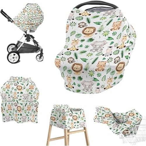 Baby Boy Girl 5-in-1 Car Seat Cover Safari Jungle Animal, Tropical Plant Elephant Lion Giraffe Multi-use Privacy Nursing Breastfeeding Cover, Carseat Canopy Carrier Newborn Infant Gift
