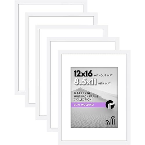 Americanflat 12x16 Picture Frame with Polished Plexiglass - Set of 5 - Use as 8.5x11 Frame with Mat or Display 12x16 Photo Without Mat - Galleria Collection - Picture Frames for Wall Display - White