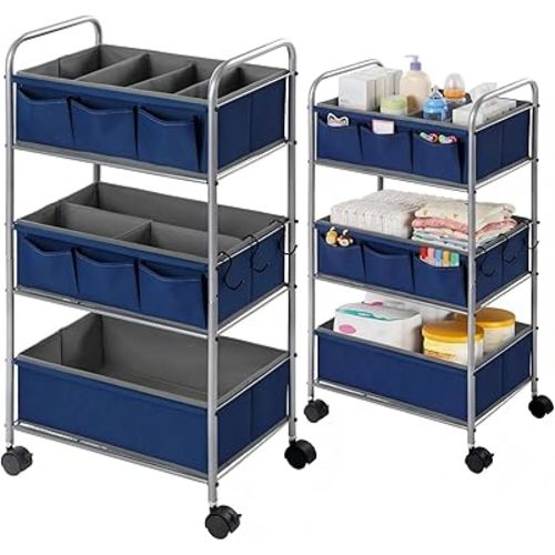 WILLBOND 3 Tier Blue Baby Diaper Caddy Organizer Cart with 4+3 Dividers Large Capacity Metal Utility Bedside Rolling Cart Newborn Registry Nursery Essential Must Have Crib Bedroom Baby Shower