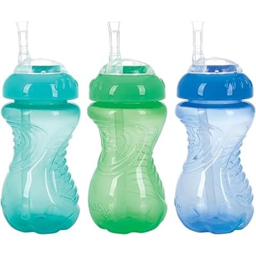 NUBY 3 Pack No Spill Flex Straw Toddler Sippy Cups - Toddler Cups Spill Proof with Easy and Firm Grip - Toddlers Cups - Green, Blue, Aqua