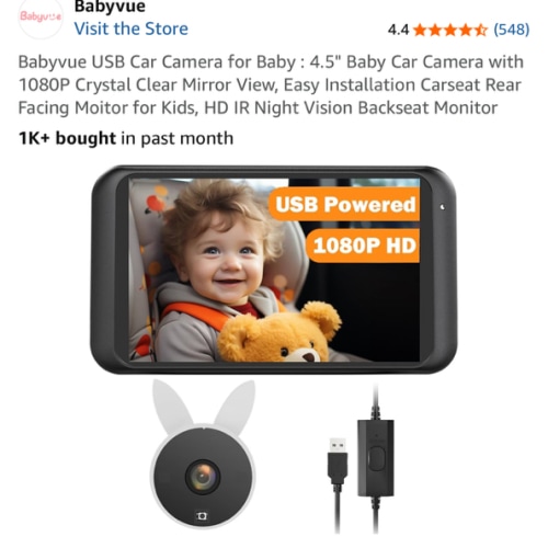 Babyvue USB Car Camera for Baby : 4.5" Baby Car Camera with 1080P Crystal Clear Mirror View, Easy Installation Carseat Rear Facing Moitor for Kids, HD IR Night Vision Backseat Monitor