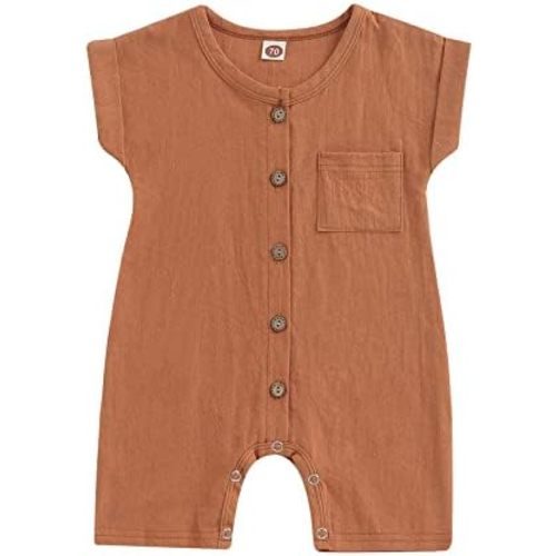 Baby Boys' Girls Short Sleeve Rompers Jumpsuit with Pocket,Organic Cotton and Linen Sleeveless One-Piece Coverall