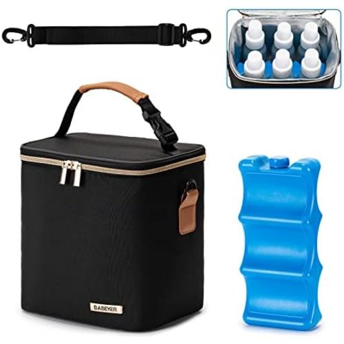 BABEYER Breastmilk Cooler Bag with Ice Pack Fits 6 Baby Bottles Up to 9 Ounce, Baby Bottle Bag with Shoulder Strap for Nursing Mom Daycare, Black