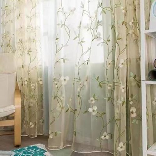 Sheer Curtains for Living Room Curtain Green Leaf Embroidered Rod Pocket Window Curtains Classical Flower Embroidery Semi-Sheer Curtains for Bedroom Window Drapes 2 Panels (54x84 Inch(W x L))