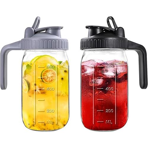 Mason Jar Pitcher, 32 OZ 2 Pack Glass Pitcher with Lid Double Leak-proof with Handle Water Jug Wide Mouth Breast Milk Pitcher Fridge Container for Water, Juice, Iced Coffee, Tea, Juice - Black+Grey