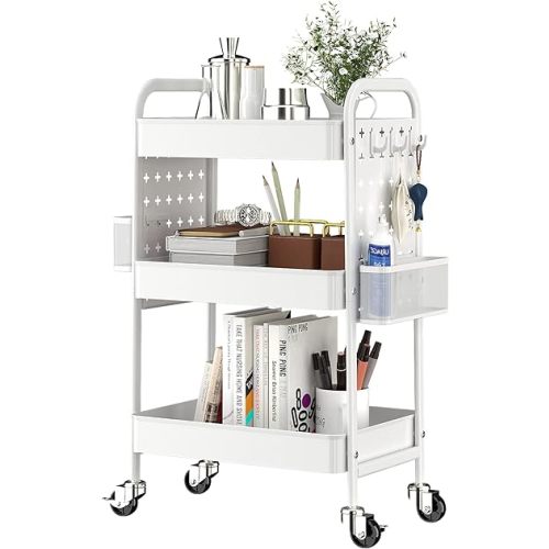 Amazon.com: TOOLF 3-Tier Rolling Cart, Metal Utility Storage Cart with DIY Pegboards, Art Craft Trolley with Baskets Hooks, Organizer Serving Cart Easy Assemble for Office, Home, Kitchen, Classroom, White : Everything Else