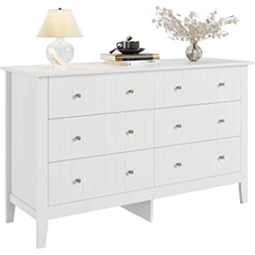 FOTOSOK White Dresser, Chest of Drawers, Modern 6 Drawer Double Dresser with Deep Drawers, Wide Storage Organizer Cabinet for Living Room, Hallway