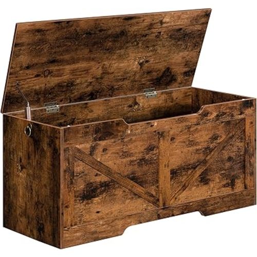 HOOBRO Storage Bench, 39.4” Retro Wooden Storage Chest with U-Shaped Cut-Out Pull, Safety Hinge, Supports 220 lb and Easy Assembly for Toy Box Organizer (Rustic Brown) BF771CW01