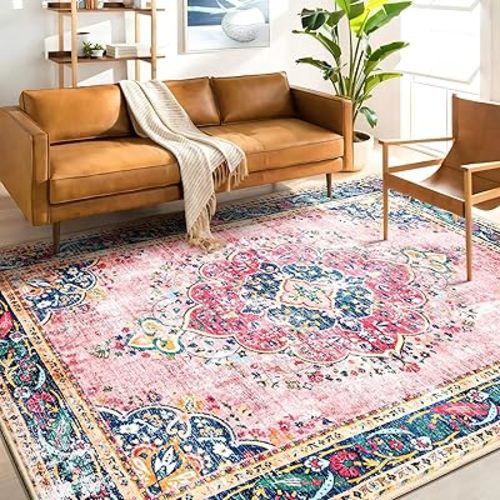Area Rug 6x9 for Living Room Pink Boho Rug Vintage Rug Non-Slip Washable Low Pile Foldable Large Rug for Bedroom Dining Room Indoor Floor Carpet