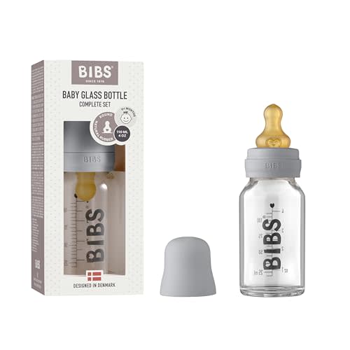 BIBS Baby Glass Bottle. Anti-Colic. Round Natural Rubber Latex Nipple. Supports Natural Breastfeeding, Complete Set - 110 ml, Cloud