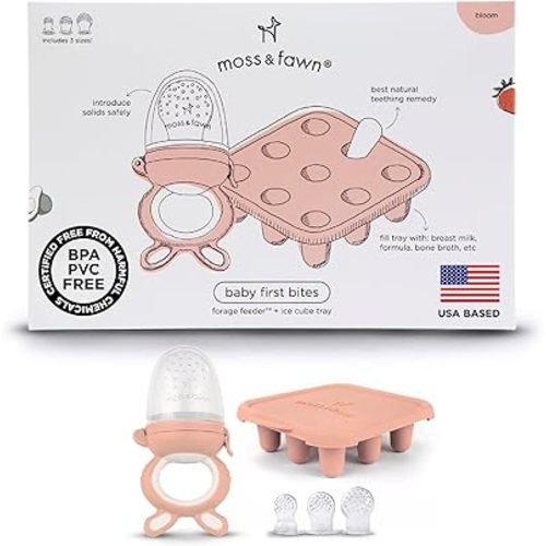 Moss and Fawn Baby's First Bites Bundle - Silicone Frozen Breast Milk Popsicle Kit with Forage Feeder & Teething Popsicle Ice Cube Tray - BPA, PVC, & Lead-Free - Bloom