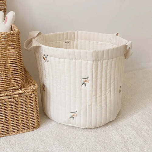 Soft Embroidered Olive Cotton Toy Storage Bag Diaper Caddy