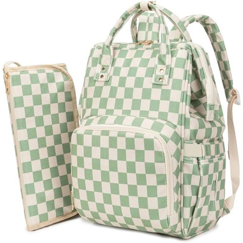 Baby Diaper Bag Backpack for Mom, Large Capacity Baby Essentials Travel Tote, Multifunction Baby Bag with Changing Pad, Stroller Straps, Pacifier Case, Baby Shower Gifts, Corduroy Checkered Green